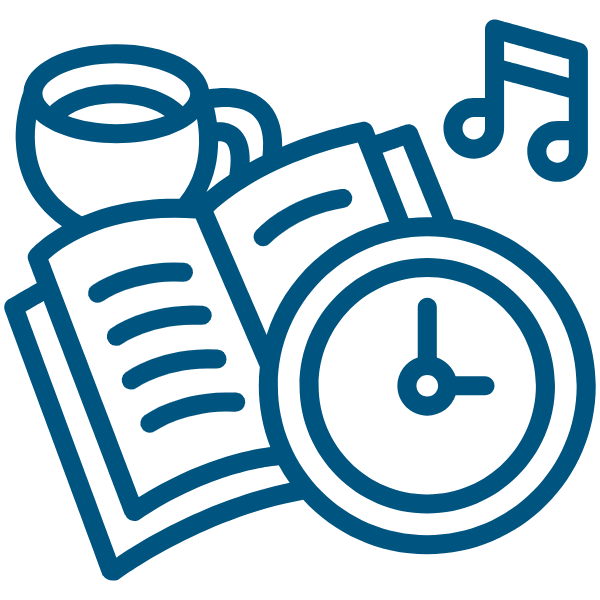 Activities icon showing a book, coffee cup, clock, and music note