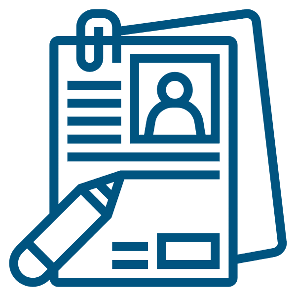 Employment application icon showing a form with a pencil and profile photo box