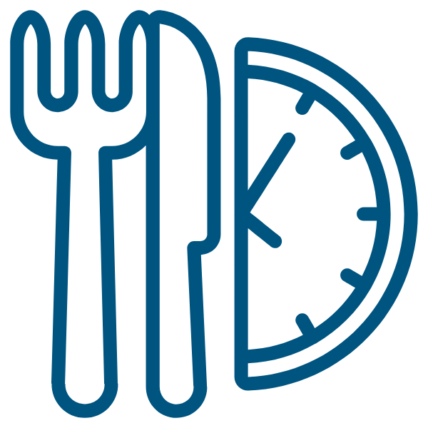 Meals and meal sites icon showing a plate with fork and knife and a clock